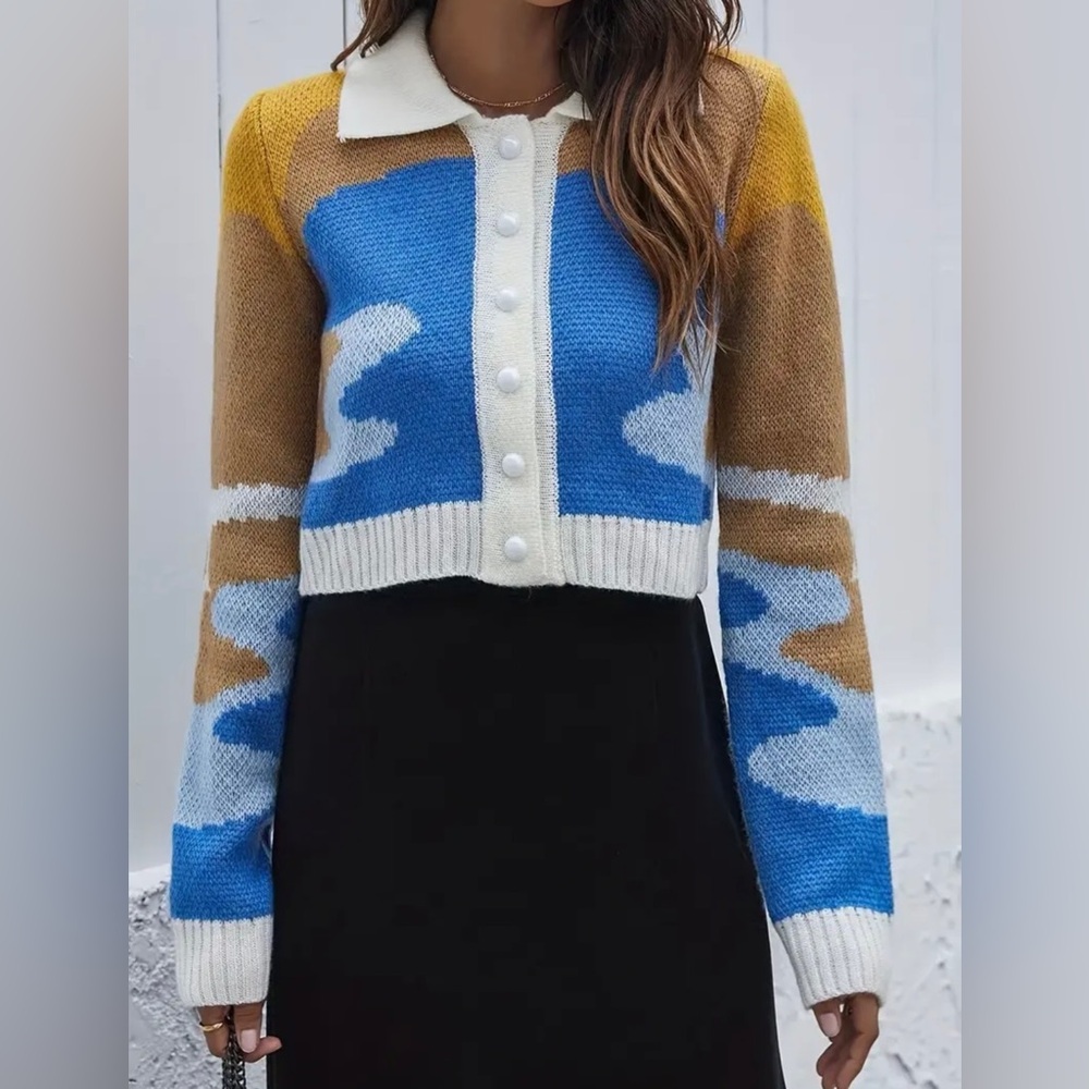 Yellow & blue button up sweater